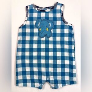 GUMBALLS Boys Blue Buffalo Check Elephant Applique Romper 3-6M Vintage Style Zoo